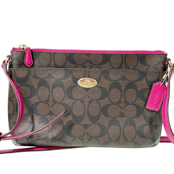 Coach Handbags - Coach Brown/Pink Signature Coated Canvas and Leather‎ Crossbody Bag Pouch